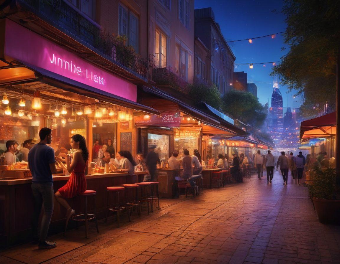 A vibrant cityscape at night, featuring diverse couples engaging in modern dating activities—street food stalls, outdoor cafés, and romantic parks. Include subtle hints of technology, like smartphones and virtual dating app notifications. Showcase varied LGBTQ+ representation and diverse cultures, with warm lights adding a cozy atmosphere. The scene should evoke a feeling of excitement and connection. super-realistic. vibrant colors. city background.