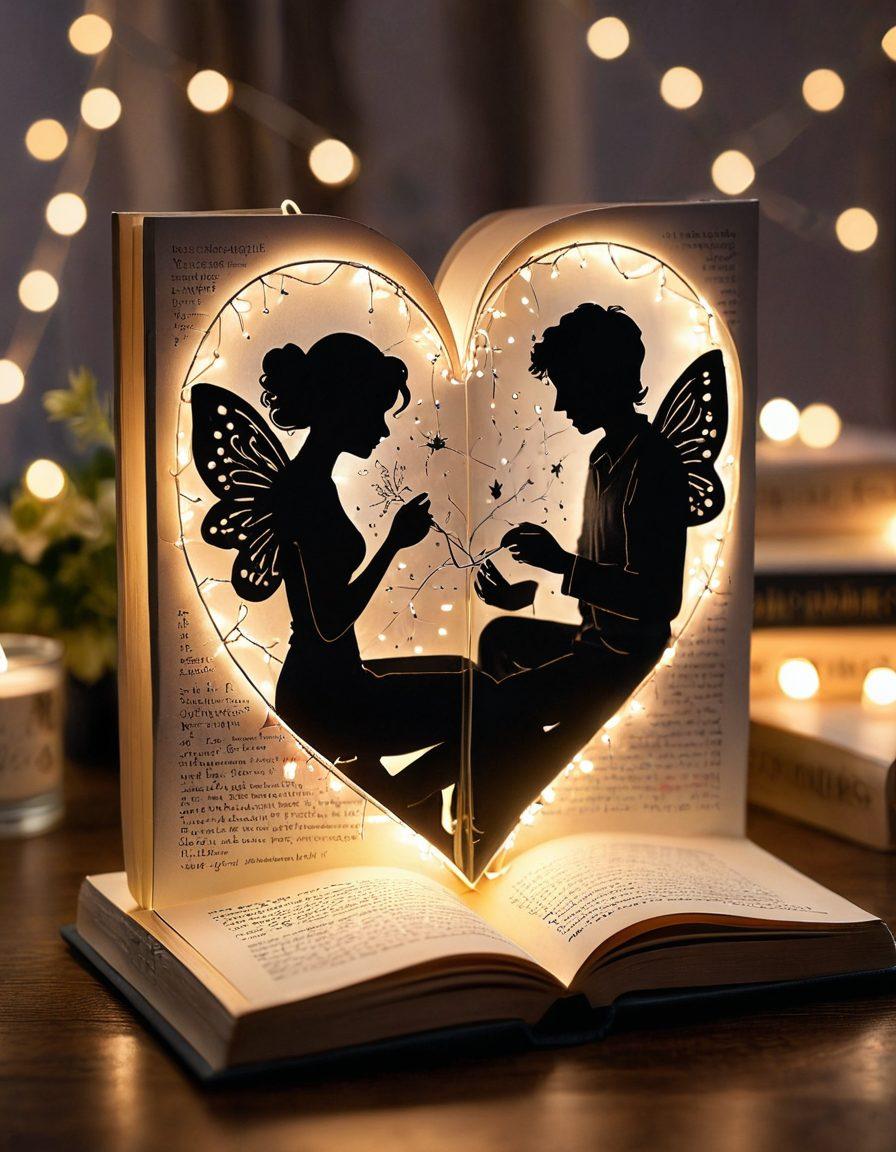 A glowing heart shaped book surrounded by glowing fairy lights, with silhouettes of diverse couples sharing tender moments in the background. Soft pastel colors create a warm, inviting atmosphere. Communicating connection and love, with handwritten notes spilling from the book, suggesting personal stories. Artistic brush strokes give a dreamy effect. vibrant colors. painting.