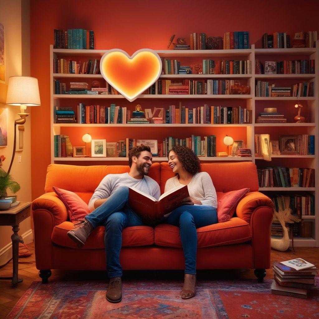 A warm and inviting scene showing a couple sitting on a cozy couch, laughing and sharing a heartfelt conversation surrounded by vibrant colors. The backdrop features a bookshelf filled with love stories and relationship advice books, with a soft light illuminating their joyful expressions. Elements like heart shapes and subtle symbols of love can be integrated into the design. super-realistic. vibrant colors. cozy atmosphere.